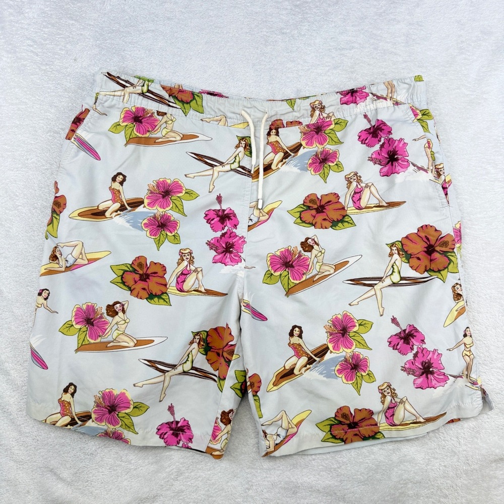 Peter Millar Pin-Up Girl Swim Trunks Mens L Blue Tropical Hula Hibiscus Shorts